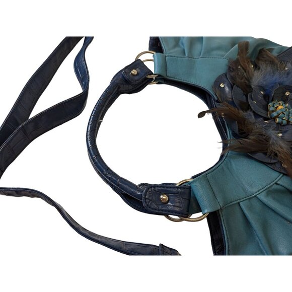 GG..ing Blue Flower with Feathers Crossbody Shoulder Bag Adjustable Faux Leather - Picture 16 of 16